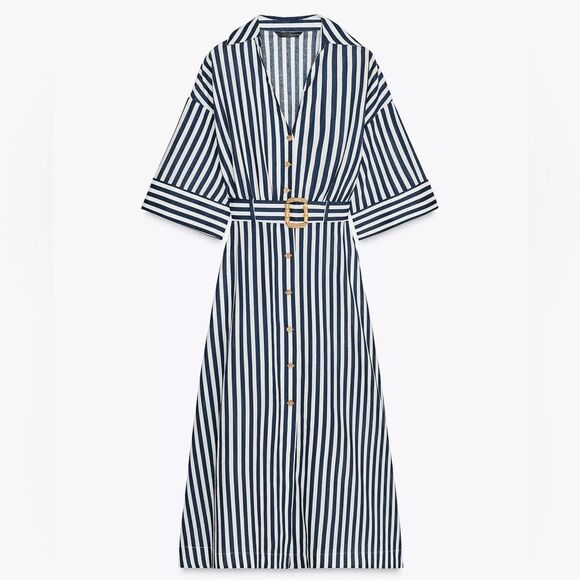 ZARA STRIPED LINEN MIDI DRESS - Picture 6 of 7